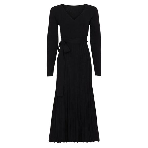Area Stars Black Fit Flare Knit Midi Wrap Dress XS Pleated Career Designer $175 - Picture 6 of 10